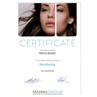 Сертифікат. NOUVEAU CONTOUR. Віп навчання-Унікальний мікроблейдинг-2016р.